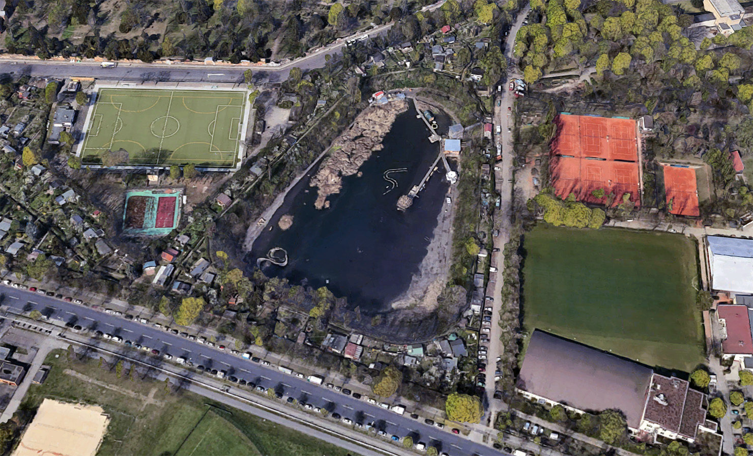 An aerial view of the Floating University, showing water collected in the basin.