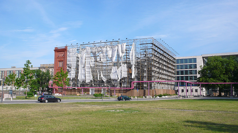 The Bauakademie simulation, viewed from the north-west. Remnants of the canvas-print façade left hanging in the wind.