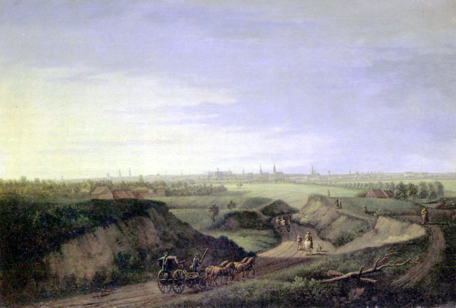 Johann Georg Rosenberg's painting of the Rollberge in Berlin. In the foreground, a coach pulled by four horses on a dirt road surrounded by rolling hills. The winding highway stretches into the distance. In the far distance is the 18th century city of Berlin.