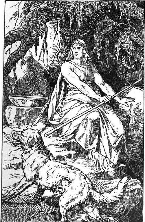 An 1889 depiction of Hel, goddess of the underworld. The image is a black and white hand drawing made by Johannes Gehrts in 1889. Hel sits proudly on a rock. She is muscular, and carries a staff in her right hand. Above her is a snake. In the forground, a dog.