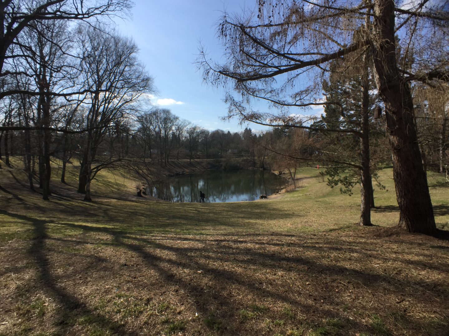 The kettle hole pond known as Blanke Helle, in the Tempelhof district of Berlin. A deep grassy bowel with a pond at its center, surrounded by trees.
