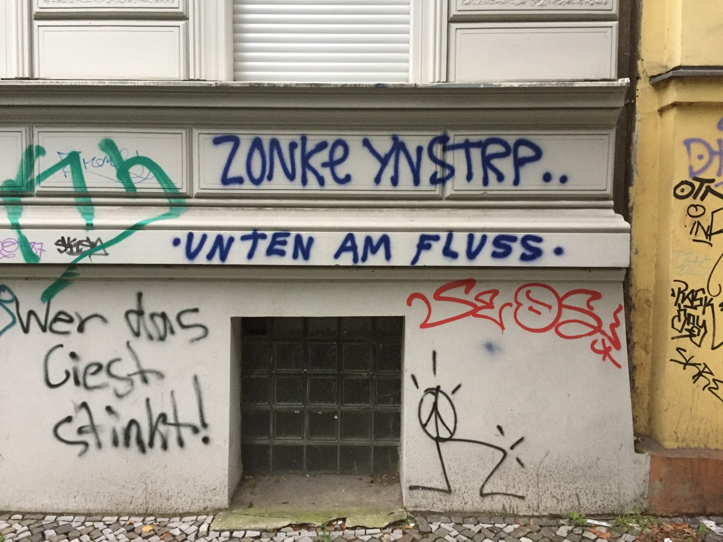 A graffito on a wall in the Kreuzberg district of Berlin. It reads: "Unten am Fluss", which means, Down By The River.