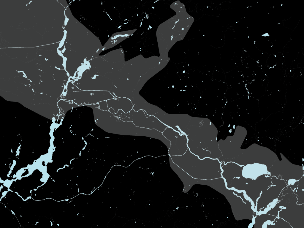 A diagram of Berlin showing the contemporary water features such as the river Spree. Superimposed over the diagram is a shape which describes the flow of ice-age meltwater, the so-called Berlin Glacial Valley.