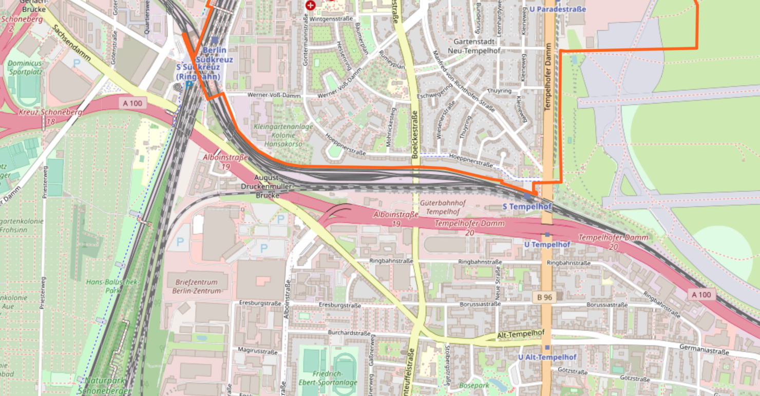 Open Street Maps showing a section of the Ringbahn and the postal code area 12101